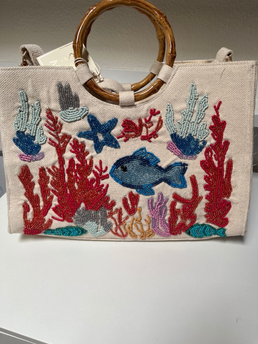 🐠 Beaded Under the Sea Tote Bag – Bamboo Handles – NWT